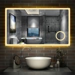 AICA sanitaire 120x70cm Miroir lumineux Horloge + loupe + bluetooth + tricolore + anti-buée salle de bain dimmable mémoire tactile led
