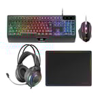 Mars Gaming MCP124PRO, Combo Gaming 4en1, Clavier RGB H-Mech avec Repose-Poignets, Souris RGB 3200DPI et Switches HUANO, Casque FRGB, Tapis Nanotextile 36x26cm, Multiplateforme, Français, Noir