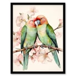 Birds Of A Feather Love Birds Perched On A Cherry Bloom Art Print Framed Poster Wall Decor 12x16 inch