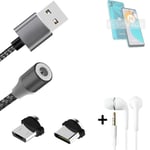 Magnetic charging cable + earphones for Motorola Moto E22s + USB type C a. Micro