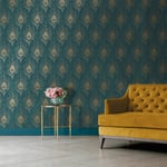 AS Creation Blue 369712 Absolutely Chic Wallpaper Metallic Gold Peacock Feather
