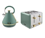 Green Kettle Toaster Set 4 Slice  1.7L 3kW Pyramid Tower Cavaletto Jade Gold