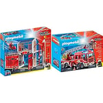 Playmobil - Caserne de Pompiers avec Hélicoptère - 9462, 58.5 x 50.01 x 9.3 cm, Coloré & Camion de Pompiers avec Échelle Pivotante - 9463