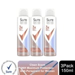 Sure Anti-Perspirant 96H Maximum Protection Deodorant Clean Scent 150ml, 3 Pack
