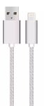 SIGN USB-kabel med Lightning for iPhone & iPad Sølv/nylon, 2,4A, 1m
