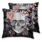 MOBEITI Square Cushion Cover 45x45cm 2 pieces Set,Sugar Roes Flowers Skull Skeleton Halloween All Saints Day Black And White Beautiful,decorative Throw Pillow Case for Couch Sofa Chair Bed Home office