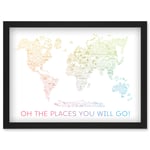 World Travel Landmark Line Map Oh The Places You Will Go! Rainbow White Artwork Framed Wall Art Print A4