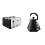 Tower T20051RG Cavaletto 4-Slice Toaster with Defrost/Reheat, Black and Rose Gold & T10044RG Cavaletto Pyramid Kettle with Fast Boil, Detachable Filter, 1.7 Litre, 3000 W, Black and Rose Gold