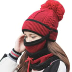 Starall 3 in 1 Winter Knitted Beanie Hat and Scarf Set,Women Warm Scarf Set Thickend Knitted Hat Scarf Face Cover Pom Pom Cap for Indoor and Outdoor Sports (Beige) (Red)