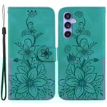 För Samsung Galaxy S23 Fe Imprinted Lily Flower Smartphone Case Pu Läder Stativ cover Green