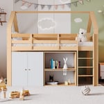 Lits pour enfants 90x200cm,lits superposés 90x200cm,lit familial avec escalier,avec 2 étagères et casiers,cadre de lit en bois massif, Brun