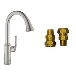 GROHE Gloucester & UK Adaptors – Kitchen Pull-Out Dual Spray Mixer Tap (High C-spout, 28mm Ceramic Cartridge, 360° Swivel Range, Tails 3/8 Inch), Size 434mm, with QuickMount, Stainless Steel, 30422DC0