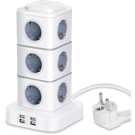 Vertikal Strömskena, 12 Uttag med 4 USB-portar, med Överspänningsskydd för Hemmet, 3m Förlängningssladd (2500w/10a