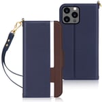 Fyy iPhone 12/12 Pro Case, Premium PU Leather Ultra Slim Flip Phone Case Protective Shockproof Cover with Card Holder Hand Strap for Apple iPhone 12/12 Pro 6.1" (2020) Navy+Brown