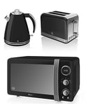 NEW Swan Kitchen Appliance Retro Set - BLACK Digital 20L Microwave, BLACK 1.5 Litre Jug Kettle & BLACK Retro Stylish 2 Slice Toaster Set