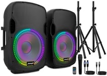 Audibax Party 215 - Lot de 2 Haut-parleurs Actifs et Passifs de 15" - Puissance 500W - Enceinte Amplifié - Connexion USB/SD - Support + Câble + Microphone - Haut-Parleur Bluetooth - Eclairage LED