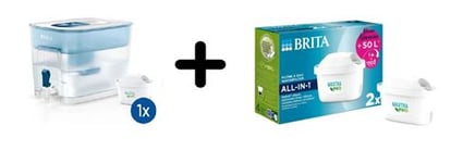 Distributeur d’eau Brita Flow avec 1 cartouche Maxtra Pro 1051126 Bleu + Pack de 2 filtres à eau Brita Maxtra Pro All in 1 Blanc