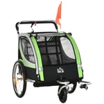 Rootz 2-i-1 cykelvagn - För 2 barn - Glidfunktion - Regnskydd - Broms - Oxford-tyg - Grön + Svart - 142cm x 75cm x 101cm
