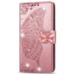 A22 5G Phone Case Samsung, Cute Glitter Bling Shockproof Folio Flip PU Leather Wallet Cover Butterfly with Card Slot Stand Silicone Bumper Case for Samsung Galaxy A22 5G Case Girls, Rose Gold
