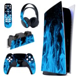 playvital Blue Flame Full Set Skin Decal for ps5 Console Digital Edition, Sticker Vinyl Decal Cover for ps5 Controller & Charging Station & Headset & Media Remote