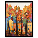 Multicoloured House Street In Autumn Contemporary Folk Art Painting Art Print Framed Poster Wall Decor 12x16 inch