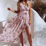 Women Floral Print Sling Long Dress Pink M