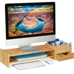 Relaxdays - Support pour moniteur en bambou, support écran hauteur, HxLxP: 13x70x19 cm, tiroir & 7 compartiments, naturel