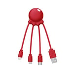Xoopar Octopus - Câble Multi USB 4 en 1 en Forme de Pieuvre - Chargeur Universel en Plastique Recyclé - Prise USB-C, Ligthning, USB-A, Micro USB pour Smartphone - Rouge