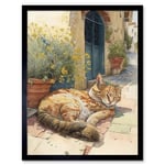 Cat Sunbathing in Mediterranean Village Street Watercolour Illustration Art Print Framed Poster Wall Decor 12x16 inch