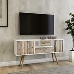 Meuble TV scandinave romantique portes et tiroirs 122cm Glifak Impressions Bois et moulures - Bois / Blanc