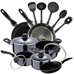 Battery 8 Pieces S.Ignacio Porto, 5 Kitchen Utensils and Set of 3 Pans Ø16/Ø20/Ø24 cm Black, Pressed Aluminium, Non-Stick, Induction