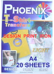 Phoenix Brand IRON ON T TEE Shirt LIGHT Transfer Paper A4 20 Sheets