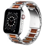 Miimall Strap Compatible for Apple Watch 42mm/44mm, Wooden Stainless Steel Adjustable Link Sandalwood Band With Butterfly Metal Clasp Bracelet for iWatch SE Series 7/6/5/4/3/2/1 42mm/44mm(Silver)