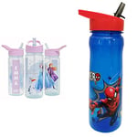 Disney Frozen Magic Personalised Sticker Water Bottle with Straw 500ml - Purple & MARVEL 1325 1698 Spider-Man Hero Reusable Water Bottle, polypropylene, Blue and red, 600ml