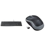 Logitech K120 Wired Keyboard for Windows, Black & M185 Wireless Mouse, 2.4GHz with USB Mini Receiver, 12-Month Battery Life, 1000 DPI Optical Tracking, Ambidextrous, Grey