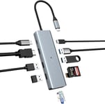 BIGBIG WON 10 in 1 USB C Hub, USB C Multiport pour MacBook Pro/Air, HP, Lenovo, Dell, Gigabit Ethernet, USB 3.0 Multiport Adapter USB C, PD 100W, SD/TF -Leser, 4K HDMI