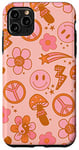 Coque pour iPhone 11 Pro Max Retro Preppy Groovy Smile Face Fleur Peace en Rouge Rose