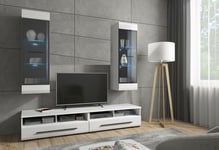 Living Room Furniture Set Wall LED Glass Unit TV Cabinets 4 PC White Gloss Fever