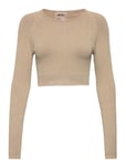 Sand Washed Ribbed Seamless Crop Long Sleeve Sport Crop Tops Long-sleeved Crop Tops Beige AIM'N