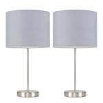 Pair of - Modern Standard Table Lamps in a Brushed Chrome Metal Finish with a Grey Cylinder Shade - Complete with 4w LED Candle Bulbs [3000K Warm White]