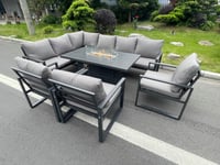 Aluminum Outdoor Garden Furniture Set Corner Sofa 3 PC Chairs Gas Fire Pit Dining Table Set Gas Heater Burner Dark Grey 8 Seater