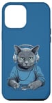 Coque pour iPhone 13 Pro Max Casque D'écoute Musicien Chat Bleu Russe Chat Gamer Chats