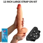 Dildo BIG GIRTHY 12 Inch Realistic Flesh Suction Cup STRAP-ON KIT Black Harness
