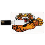 8G USB Flash Drives Credit Card Shape Tiger Memory Stick Bank Card Style Cartoon Styled Very Angry Muscular Large Cat Fighting Mascot Animal Growling Print Decorative,Black Orange Waterproof Pen Thum