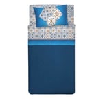 PENSIERI DELICATI Parure de lit Simple 100% Coton, Parure de lit Simple 90 x 200 cm, avec Drap Plat, Drap Dessus et 1 taie d'oreiller, fabriquée en Italie, Motif faïence Bleu