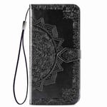 HAOTIAN Case for Xiaomi Redmi 9A / Redmi 9AT Wallet, Mandala Embossed PU/TPU Leather Magnetic Filp Cover with Wallet/Holder [Flip Stand/Card Slot]. Black
