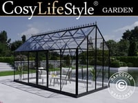Orangeri, växthus i glas 13,3m², 4,45x2,99x2,95m med bas och takdekoration, Svart