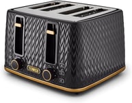 Tower T20061BLK 4 Slice Toaster Defrost Function 1600W Empire Black and Brass