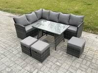 Wicker Rattan Garden Furniture Corner Sofa Set with Oblong Dining Table 3 Small Footstools 9 Seater