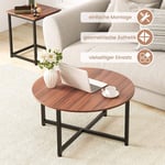 Set med 3 soffbord med robust metallstomme, runt soffbord och 2 fyrkantiga sidobord, bruna